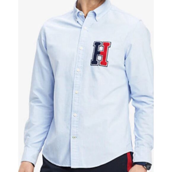 Tommy Hilfiger Mens Flag Logo Custom Fit Oxford Button Down Shirt Blue Size M - Picture 1 of 12